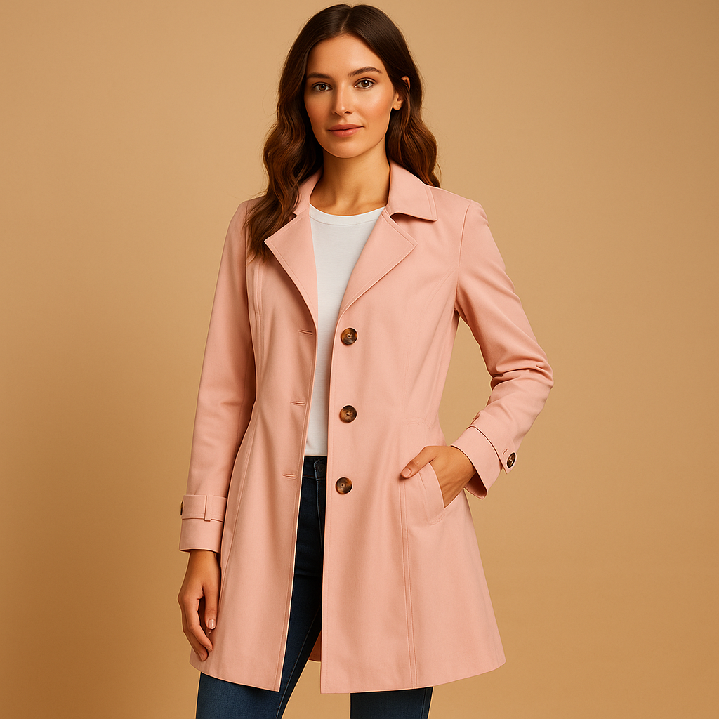 Women's Structured Polyester Trench Coat with Button Closure
