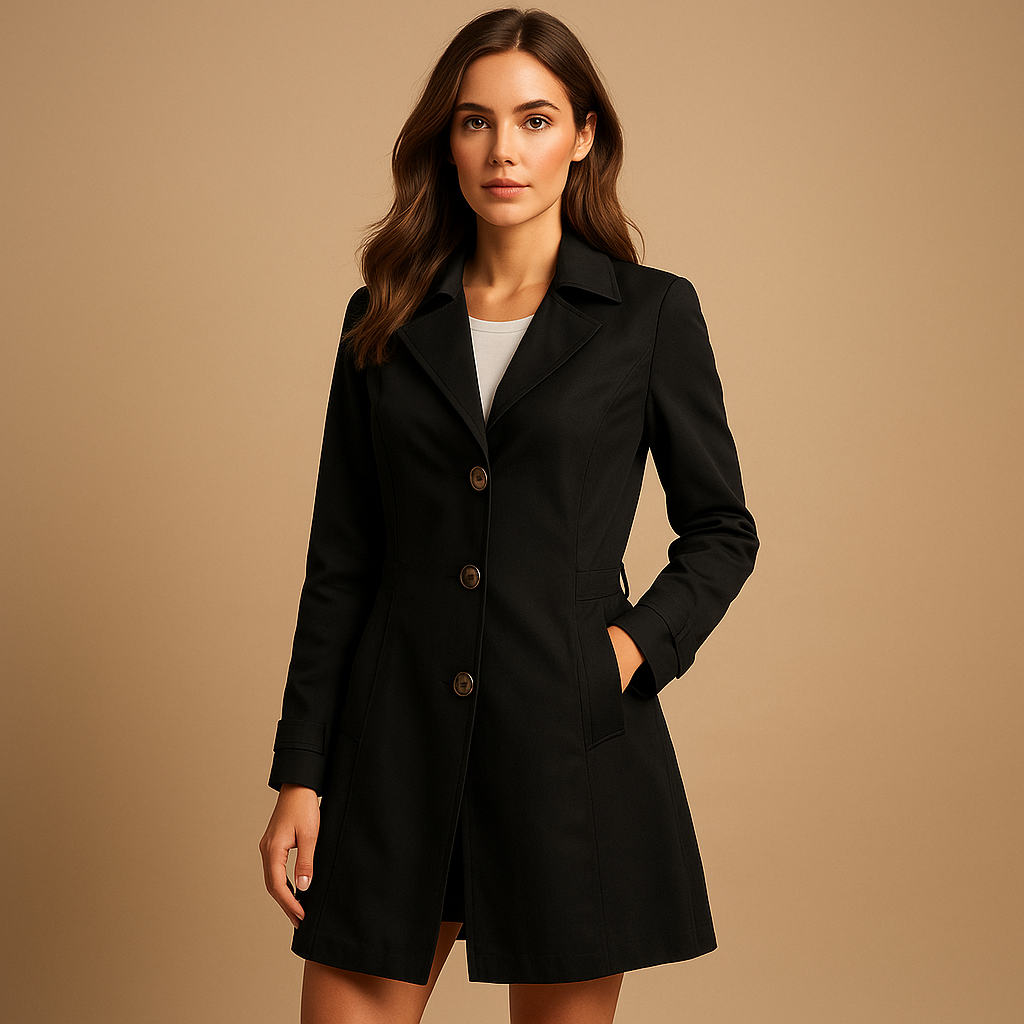 Women's Structured Polyester Trench Coat with Button Closure