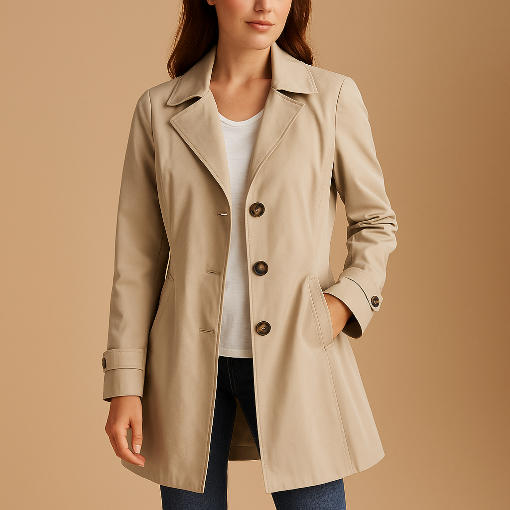 Women's Structured Polyester Trench Coat with Button Closure