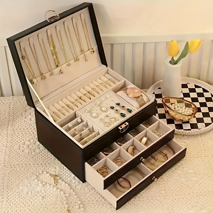 Premium Faux Leather Multi-Drawer Jewelry Organizer - Large Storage Box with Soft Lining