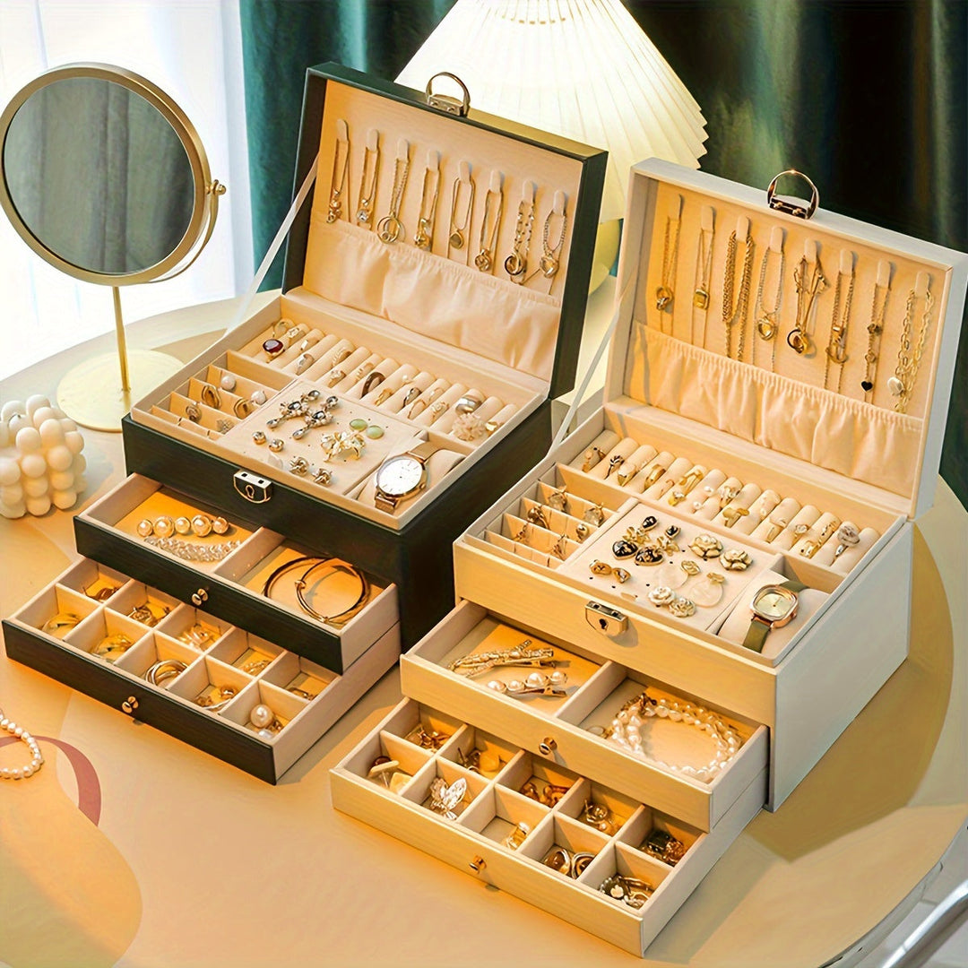 Premium Faux Leather Multi-Drawer Jewelry Organizer - Large Storage Box with Soft Lining