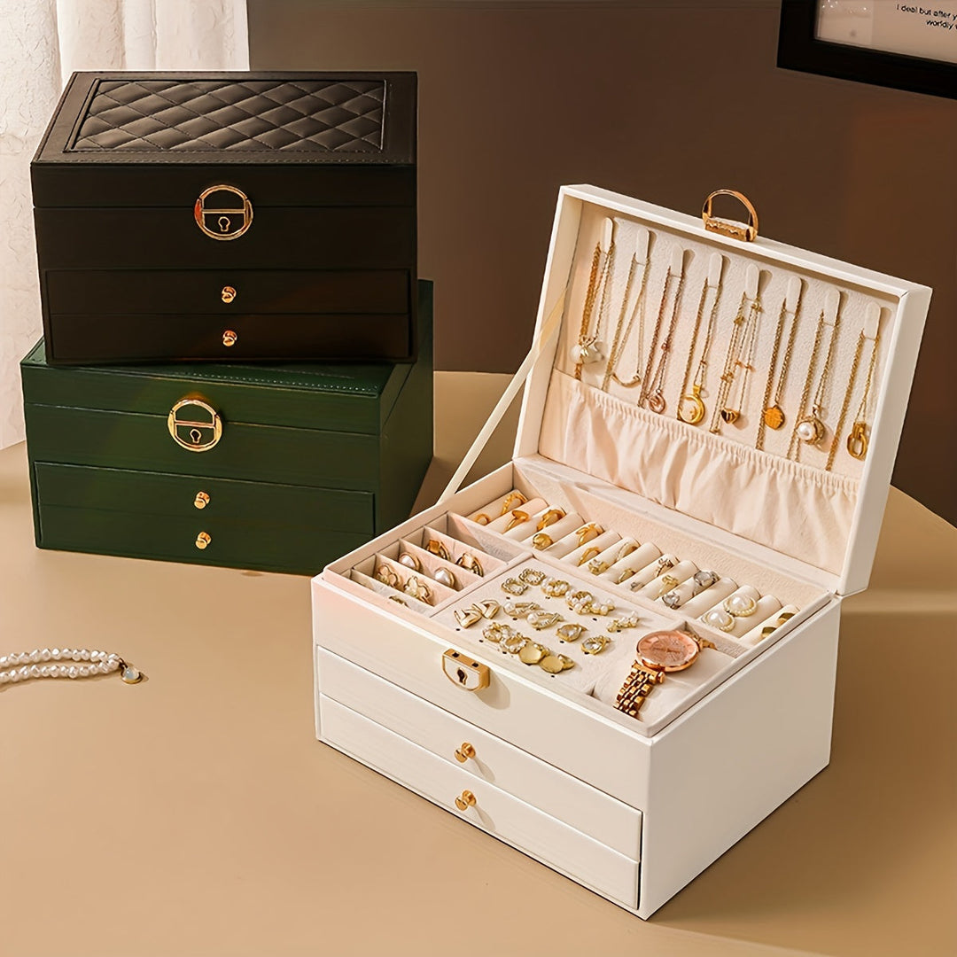 Premium Faux Leather Multi-Drawer Jewelry Organizer - Large Storage Box with Soft Lining