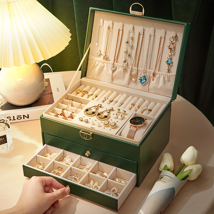 Premium Faux Leather Multi-Drawer Jewelry Organizer - Large Storage Box with Soft Lining