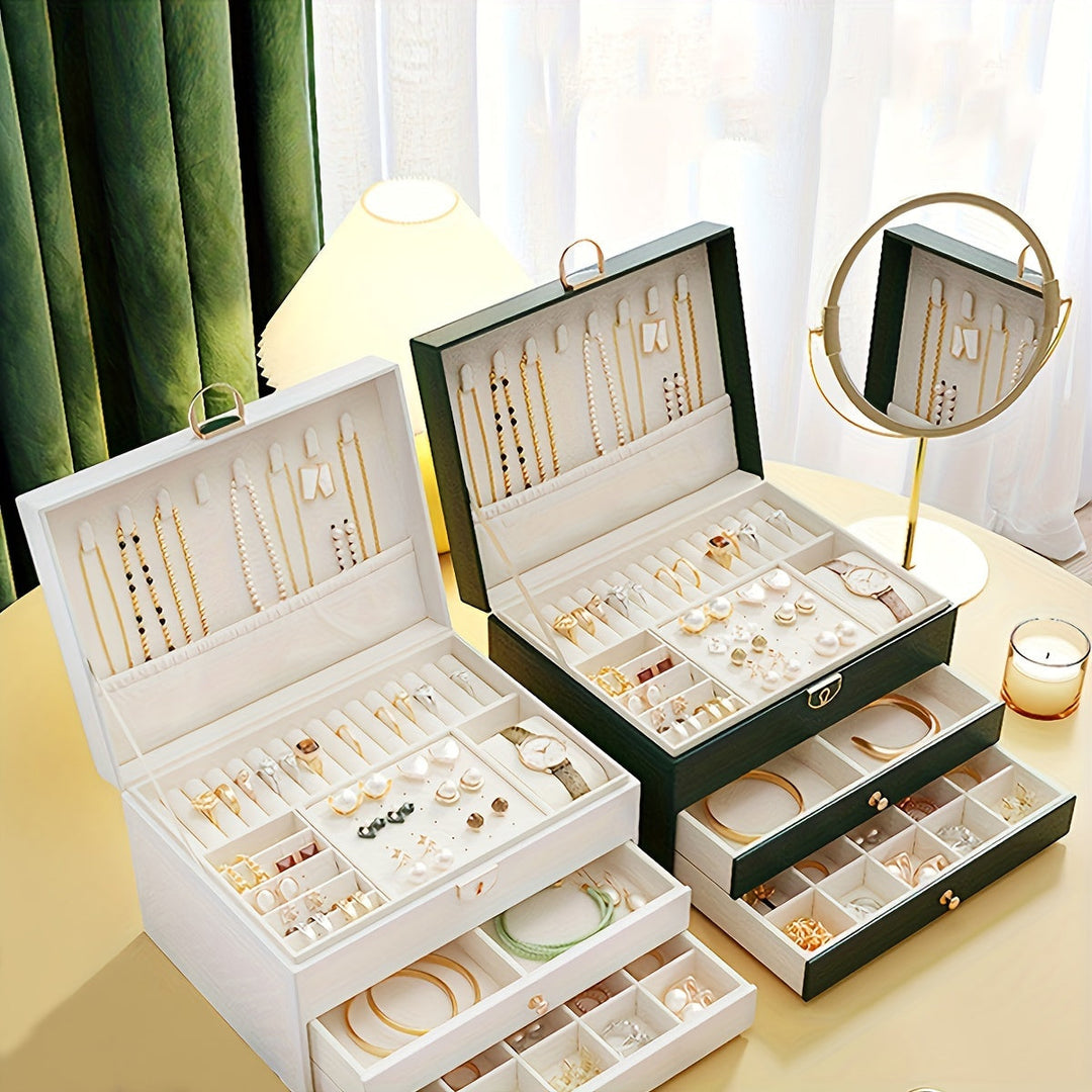 Premium Faux Leather Multi-Drawer Jewelry Organizer - Large Storage Box with Soft Lining