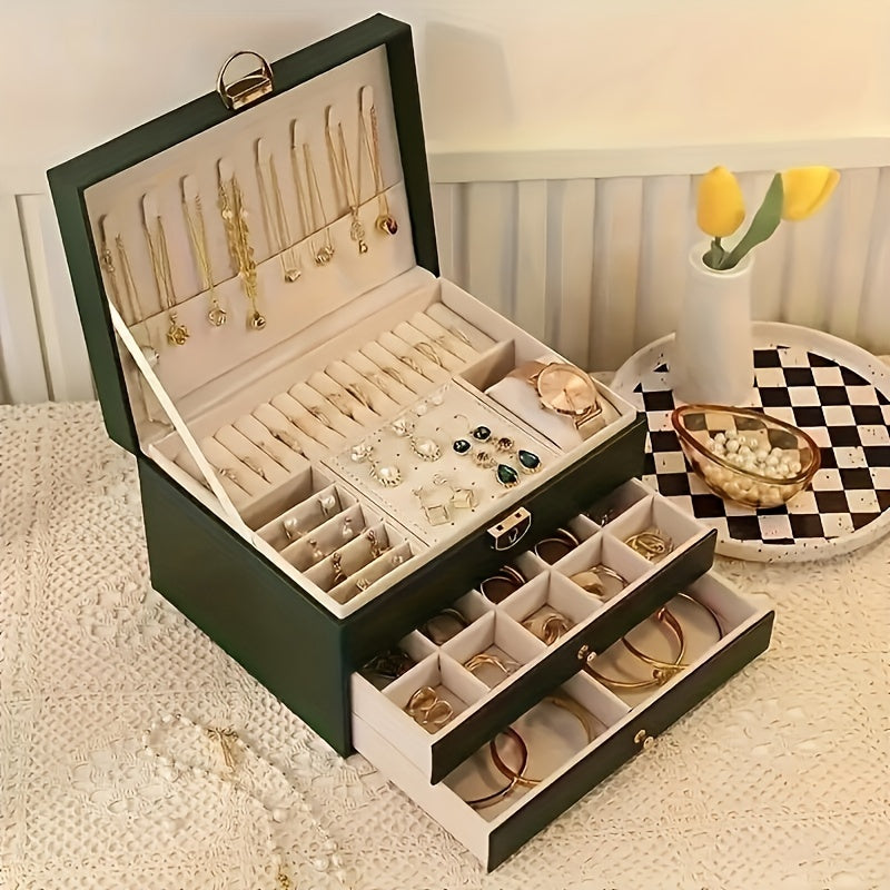 Premium Faux Leather Multi-Drawer Jewelry Organizer - Large Storage Box with Soft Lining