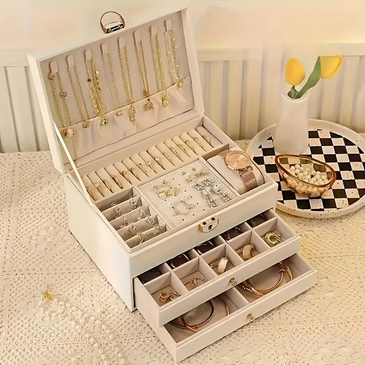 Premium Faux Leather Multi-Drawer Jewelry Organizer - Large Storage Box with Soft Lining