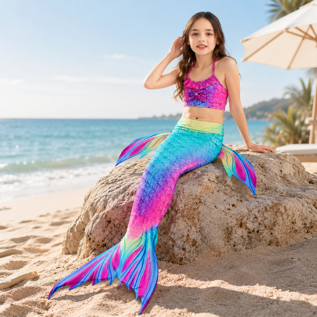 Ocean Tail Three-Piece Girls Swim Set with Ruffle Shell Details