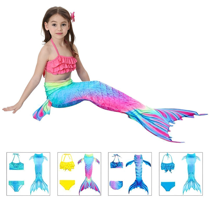 Ocean Tail Three-Piece Girls Swim Set with Ruffle Shell Details