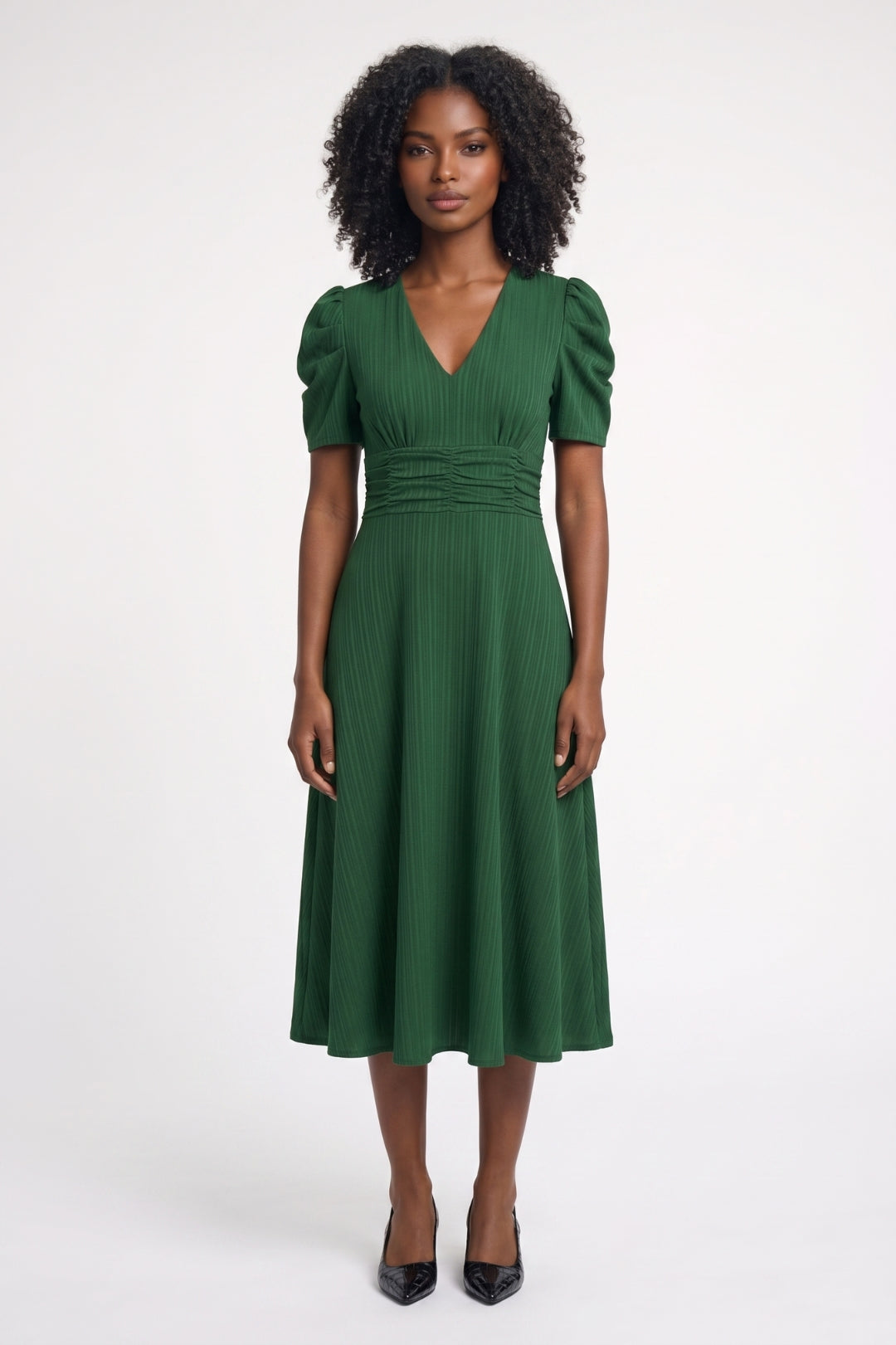 Midi Dress Women Tailored V-Neck Puff Sleeves Elastic Waist