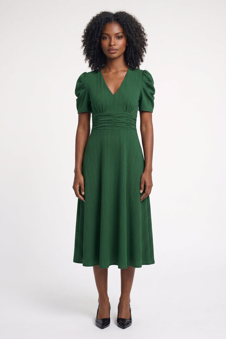 Midi Dress Women Tailored V-Neck Puff Sleeves Elastic Waist