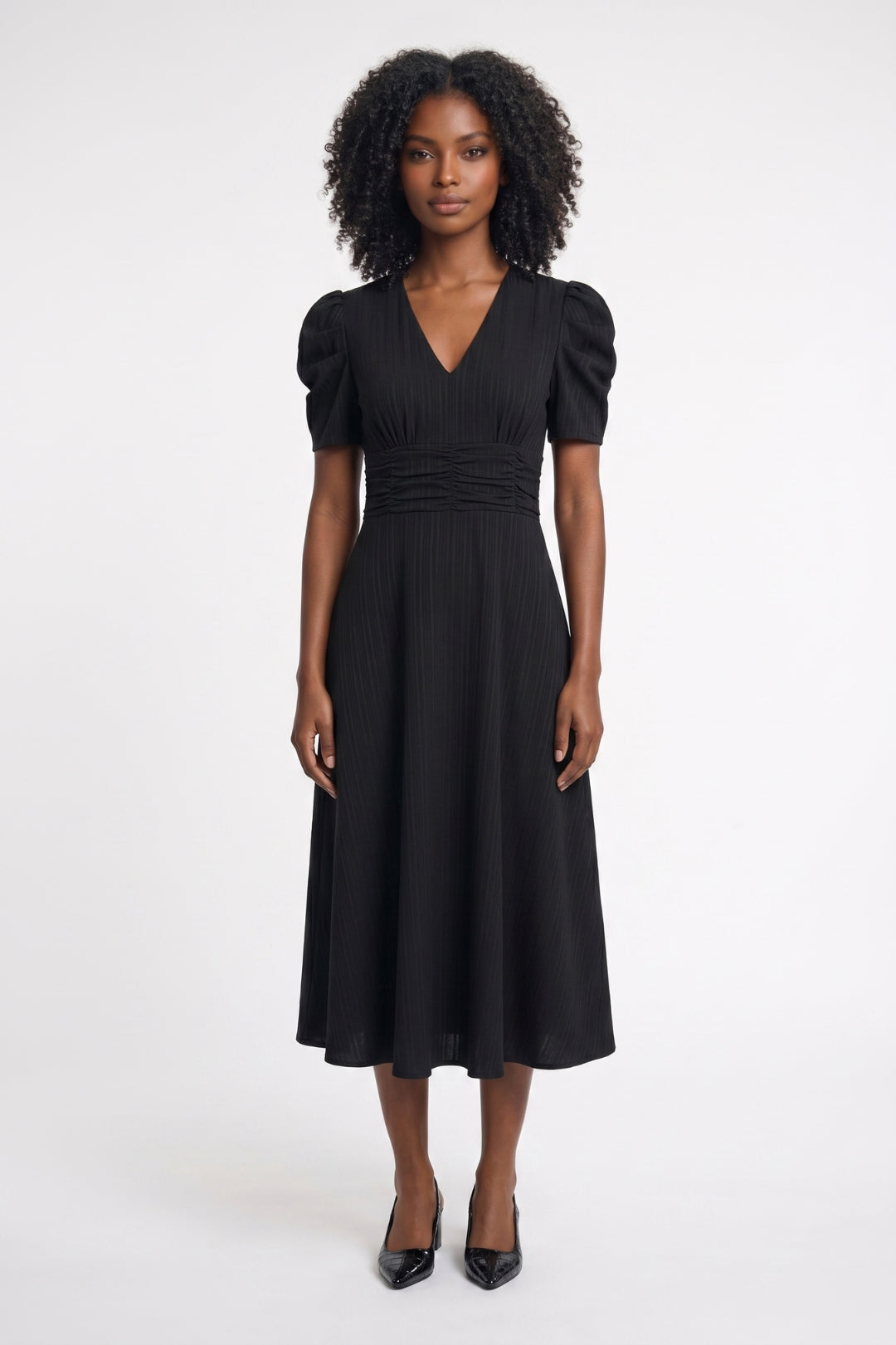 Midi Dress Women Tailored V-Neck Puff Sleeves Elastic Waist