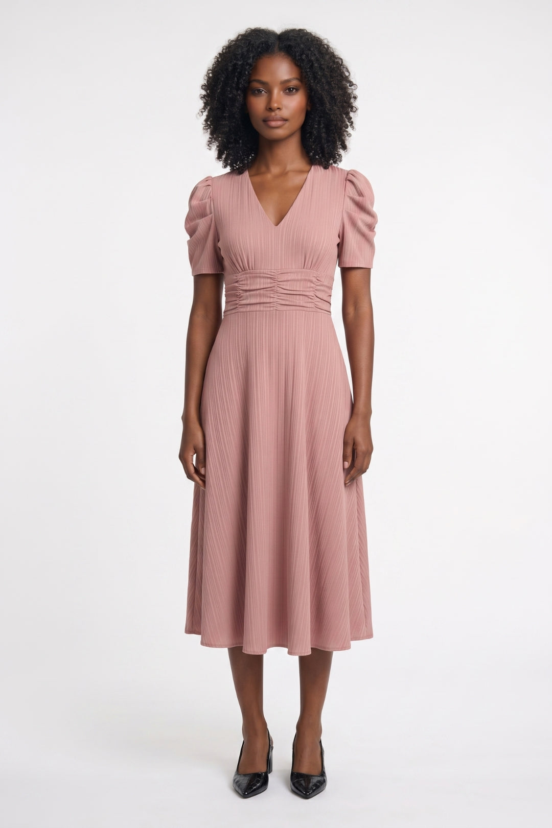 Midi Dress Women Tailored V-Neck Puff Sleeves Elastic Waist