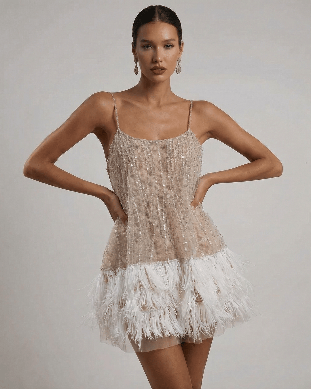 Mini Dress Women Sequin Tulle Elegant Feather Detail Festive