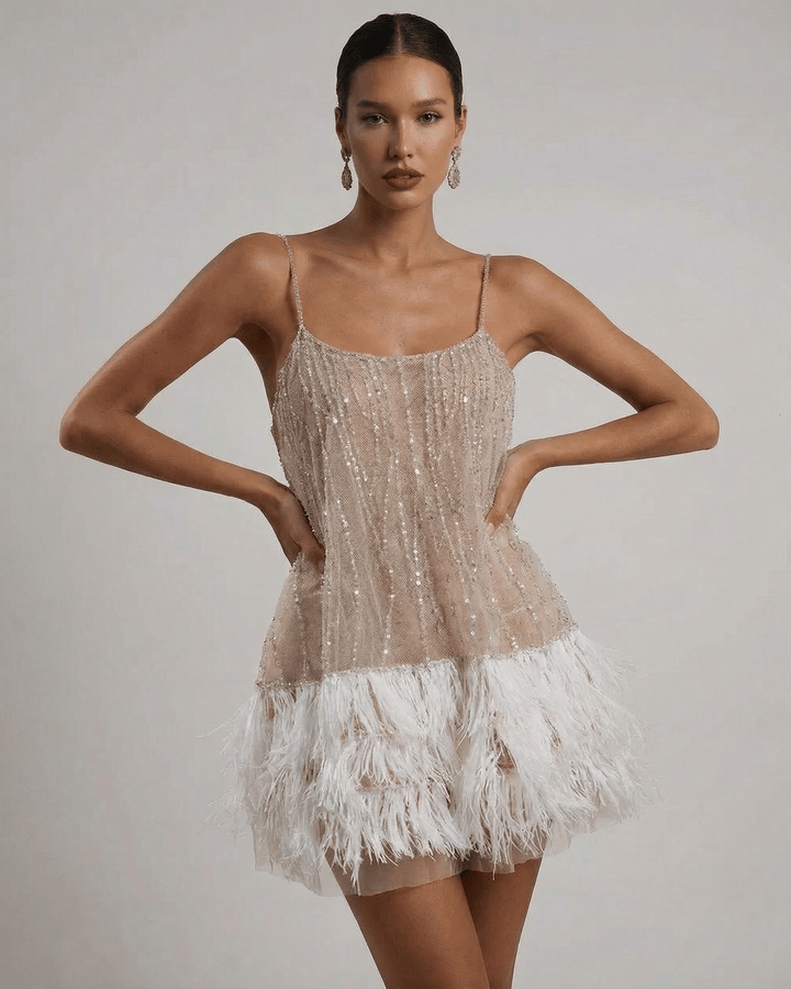 Mini Dress Women Sequin Tulle Elegant Feather Detail Festive