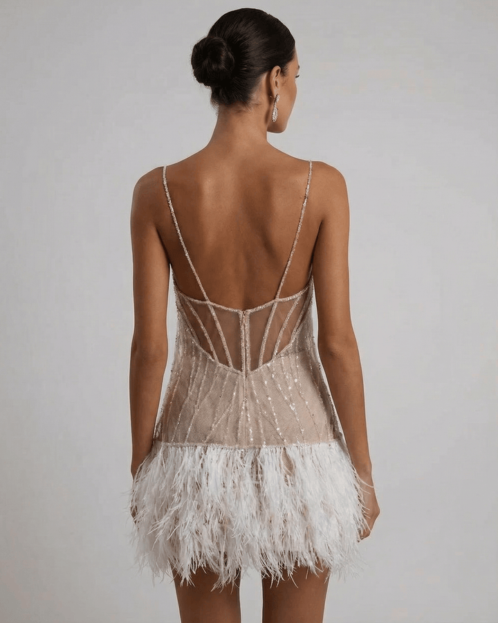 Mini Dress Women Sequin Tulle Elegant Feather Detail Festive