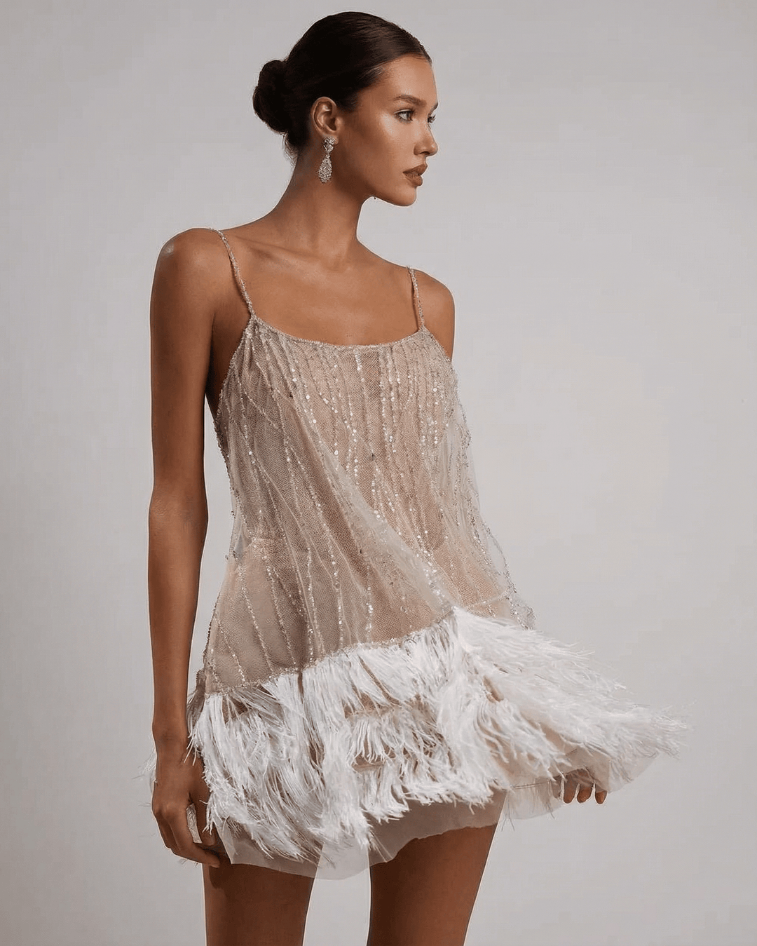 Mini Dress Women Sequin Tulle Elegant Feather Detail Festive