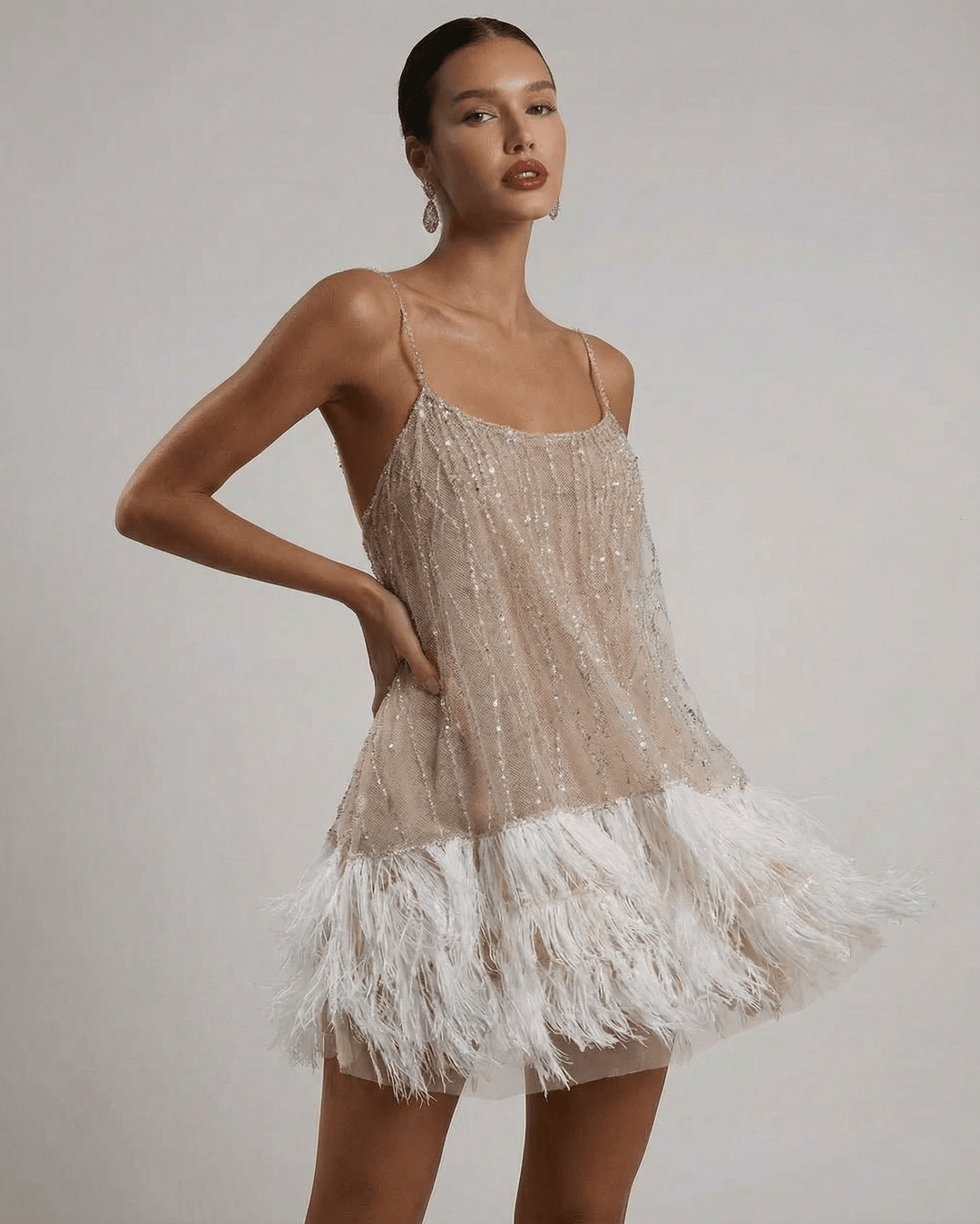 Mini Dress Women Sequin Tulle Elegant Feather Detail Festive