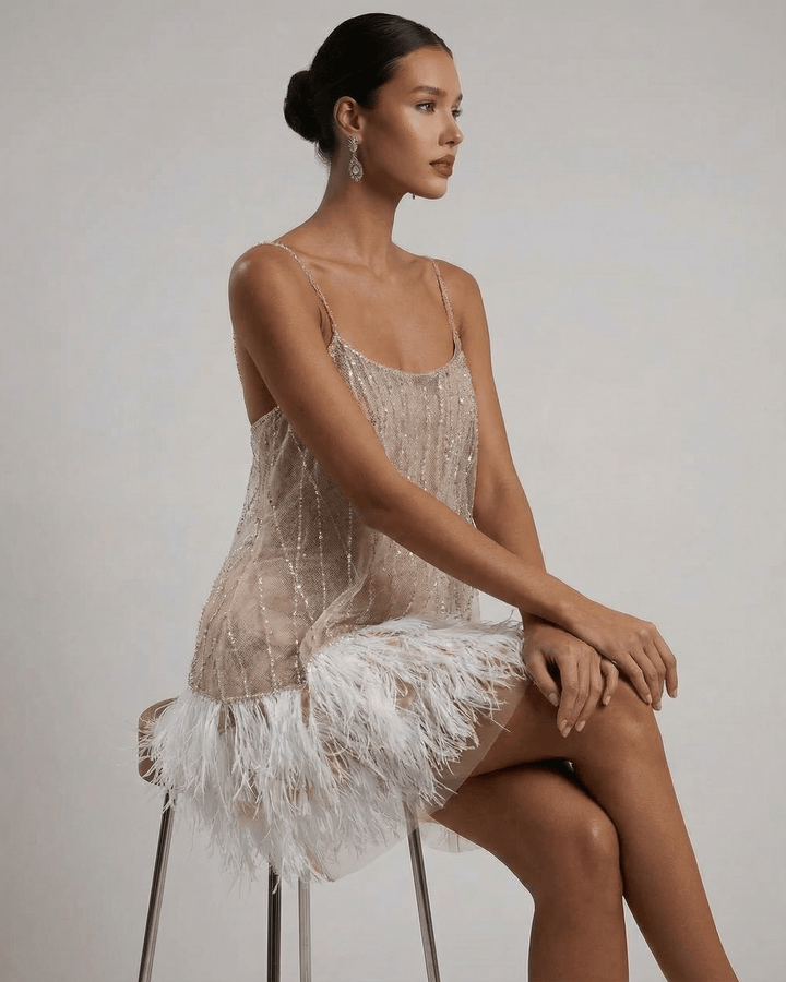 Mini Dress Women Sequin Tulle Elegant Feather Detail Festive