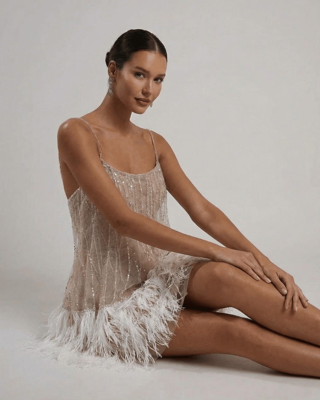 Mini Dress Women Sequin Tulle Elegant Feather Detail Festive