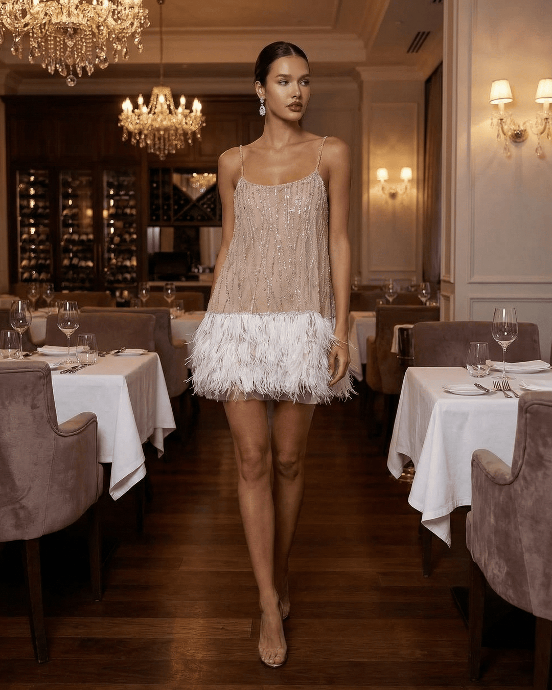 Mini Dress Women Sequin Tulle Elegant Feather Detail Festive