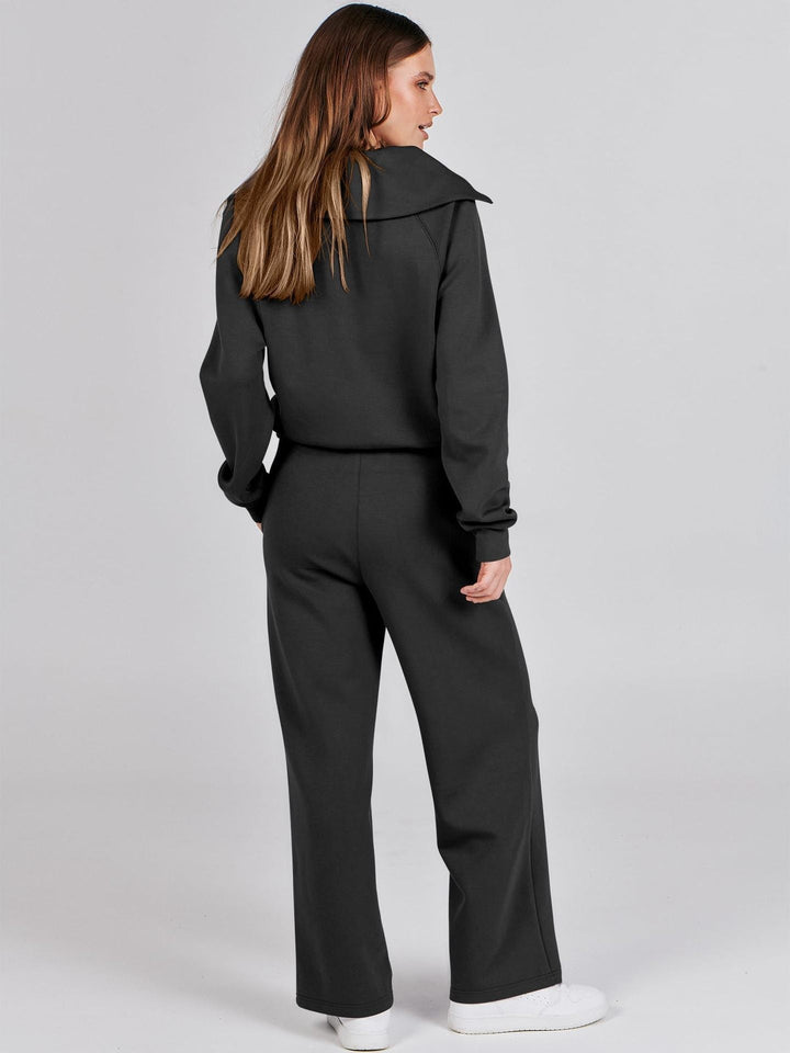 Relaxed Comfort Two-Piece Casual Set - Zip-Neck Top and Wide-Leg Trousers