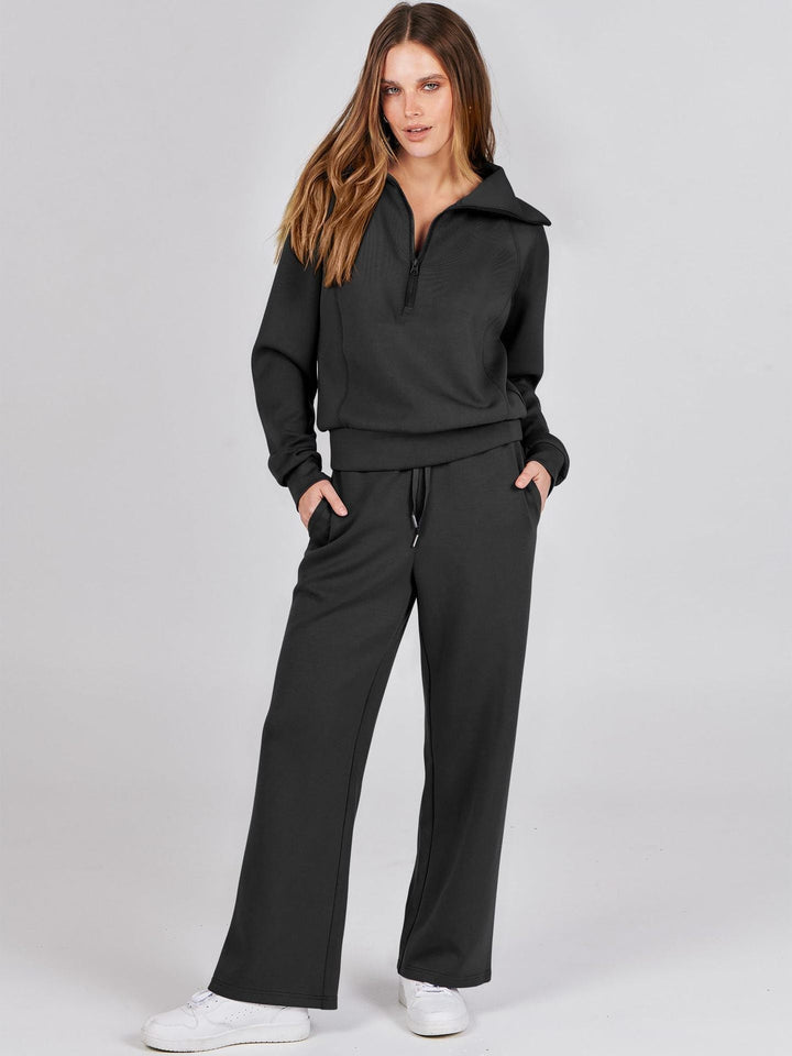 Relaxed Comfort Two-Piece Casual Set - Zip-Neck Top and Wide-Leg Trousers