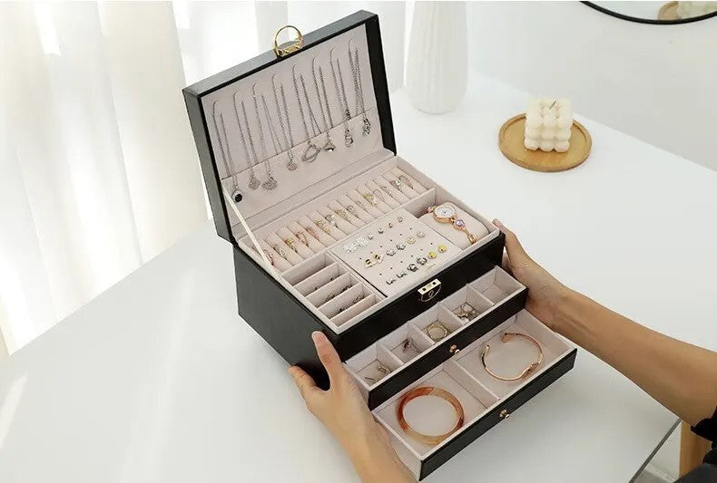 LuxeNest 3-Layer Leather Jewellery Storage Box with Organiser