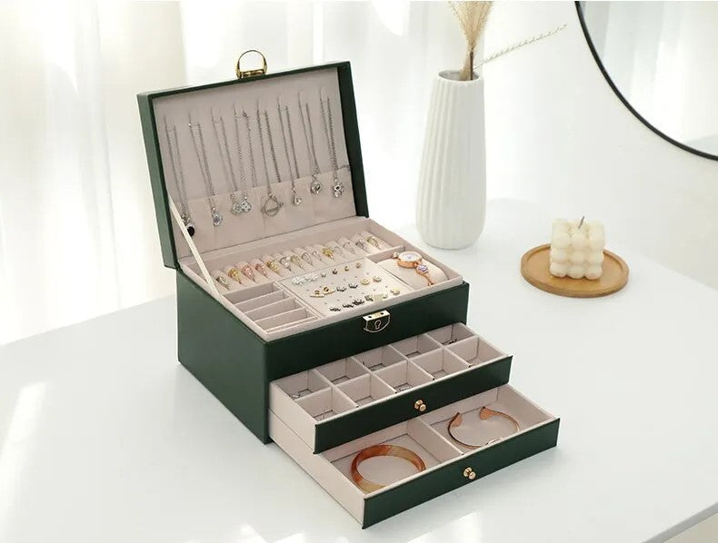 LuxeNest 3-Layer Leather Jewellery Storage Box with Organiser
