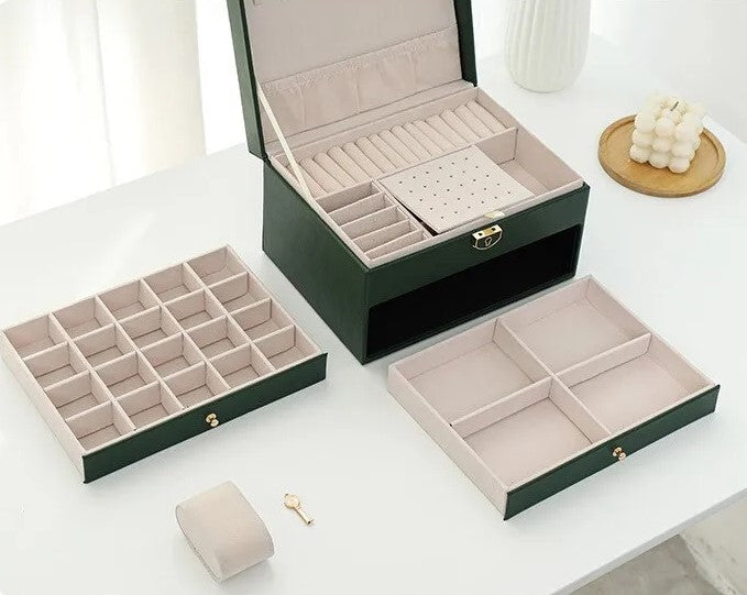 LuxeNest 3-Layer Leather Jewellery Storage Box with Organiser