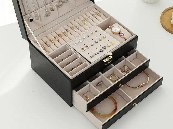 LuxeNest 3-Layer Leather Jewellery Storage Box with Organiser