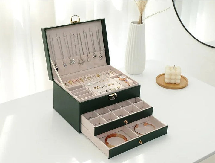 LuxeNest 3-Layer Leather Jewellery Storage Box with Organiser