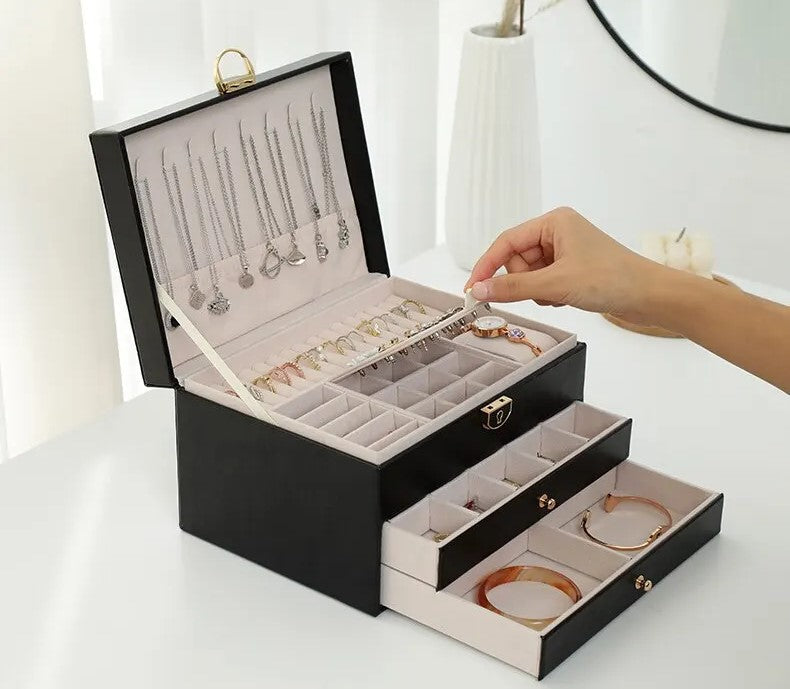 LuxeNest 3-Layer Leather Jewellery Storage Box with Organiser