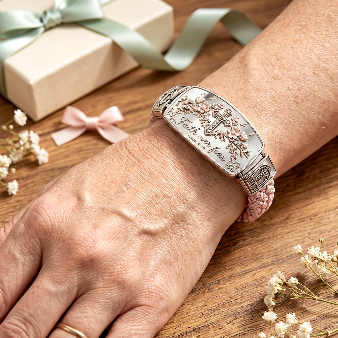 Scripture Strength Floral Cross Bracelet with Isaiah 41:10 Engraving