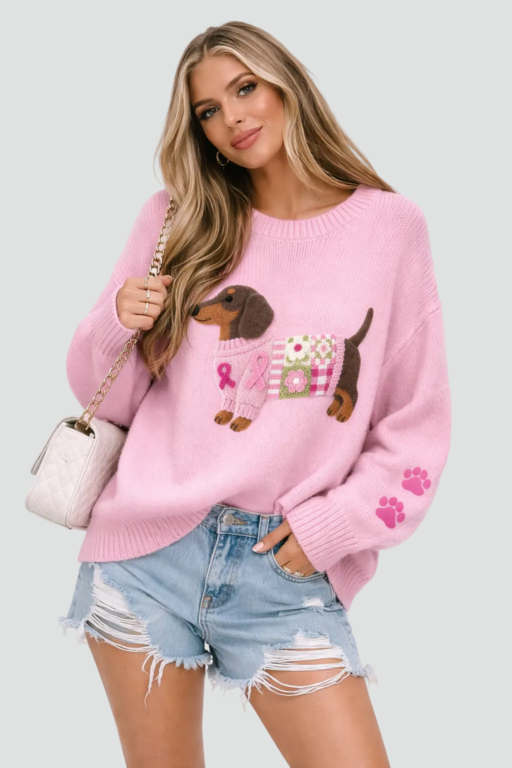 Soft Women's Sweater with Cute Dog Print and Long Sleeves