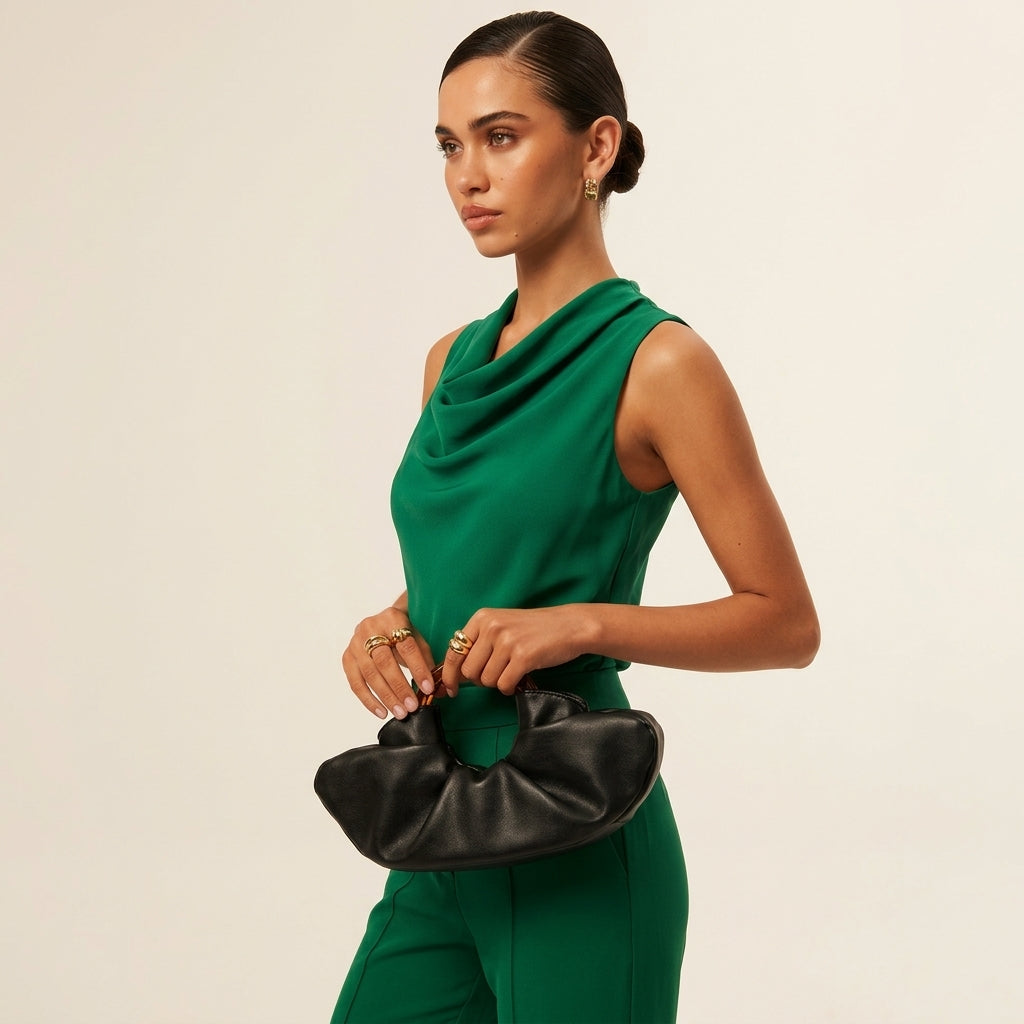 Nuvola – Ruched Vegan Cowhide Clutch Bag with Ring Handle