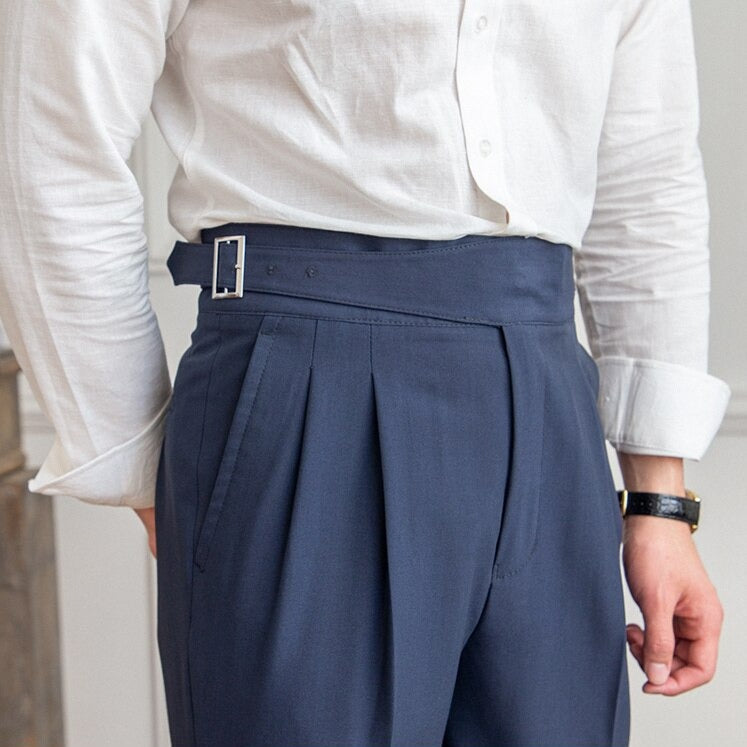Men's High-Waist Gurkha Trousers with Metal Buckles – Classic Straight Fit