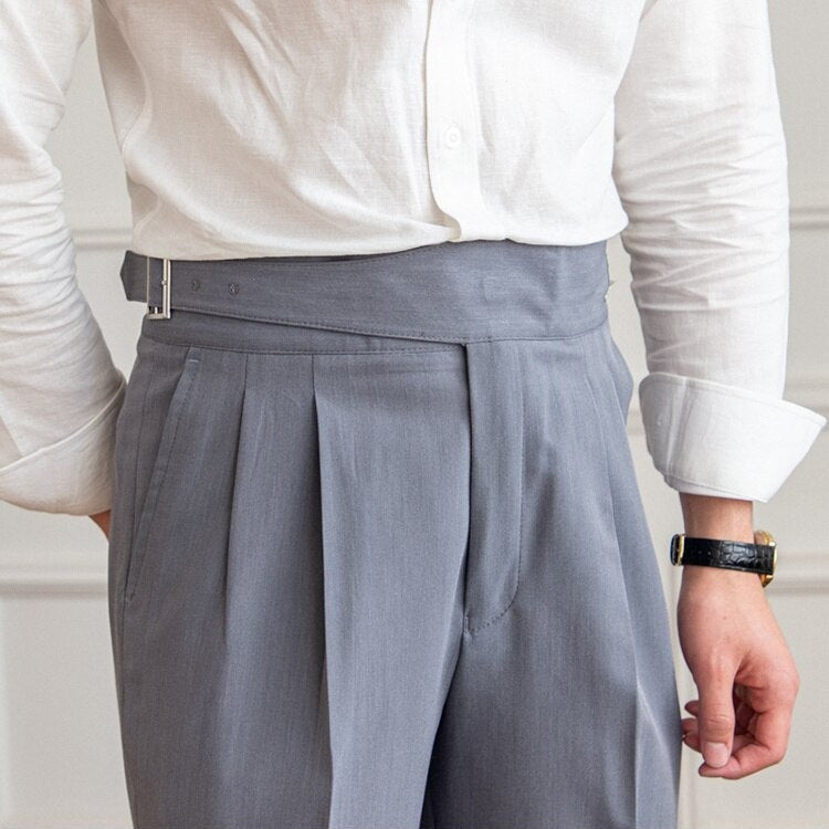 Men's High-Waist Gurkha Trousers with Metal Buckles – Classic Straight Fit