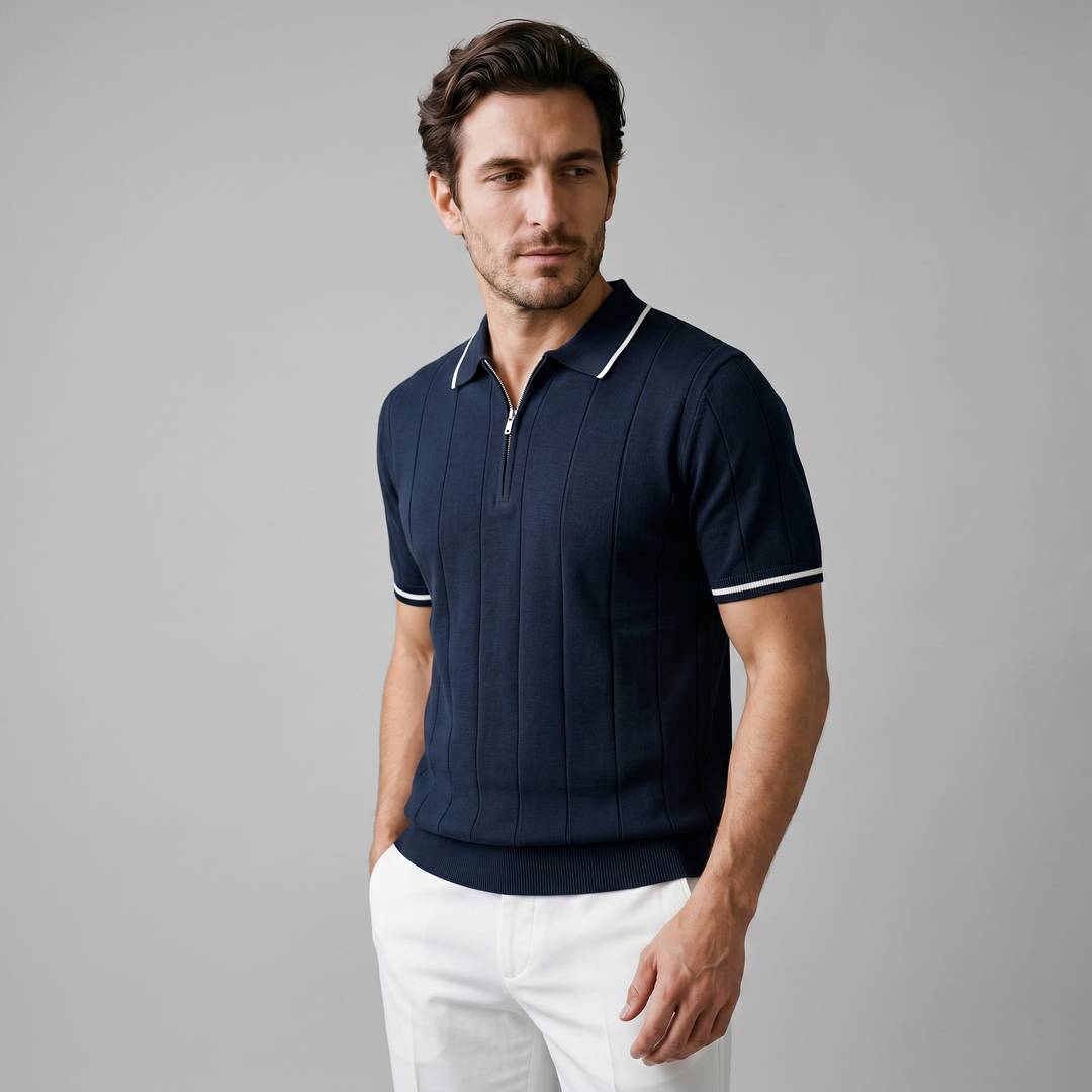 Men's Vertical Stripe Zip-Neck Polo