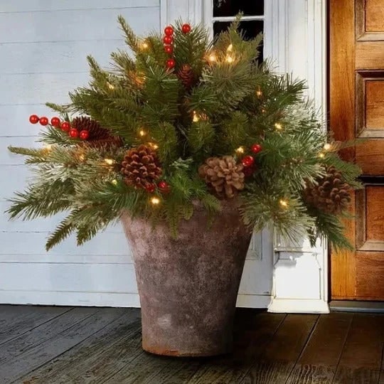 Luminous Evergreen Urn Arrangement with LED Lights - Holiday Decor