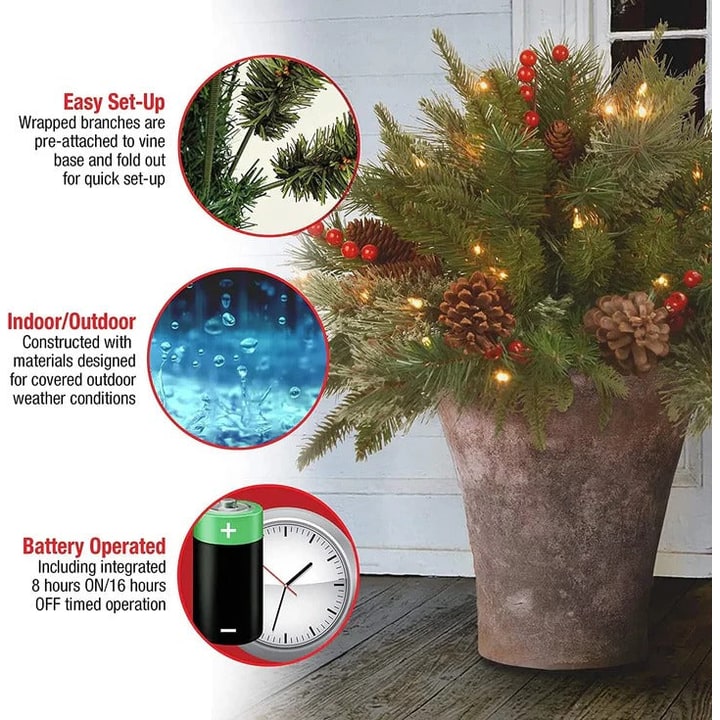 Pre-Lit LED Evergreen Holiday Urn Filler Festive Decor