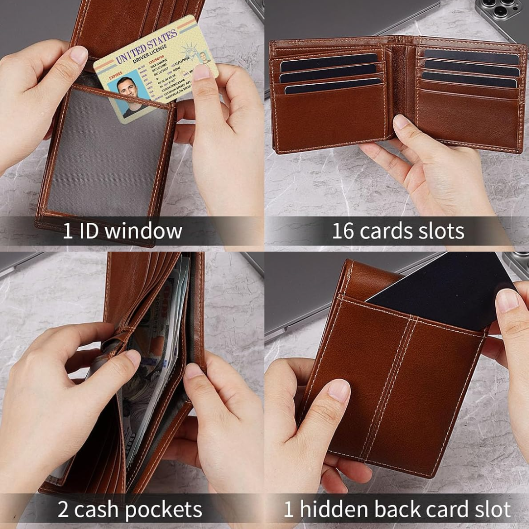 VaultFlex RFID Leather Bifold Wallet with 16 Card Slots for Men