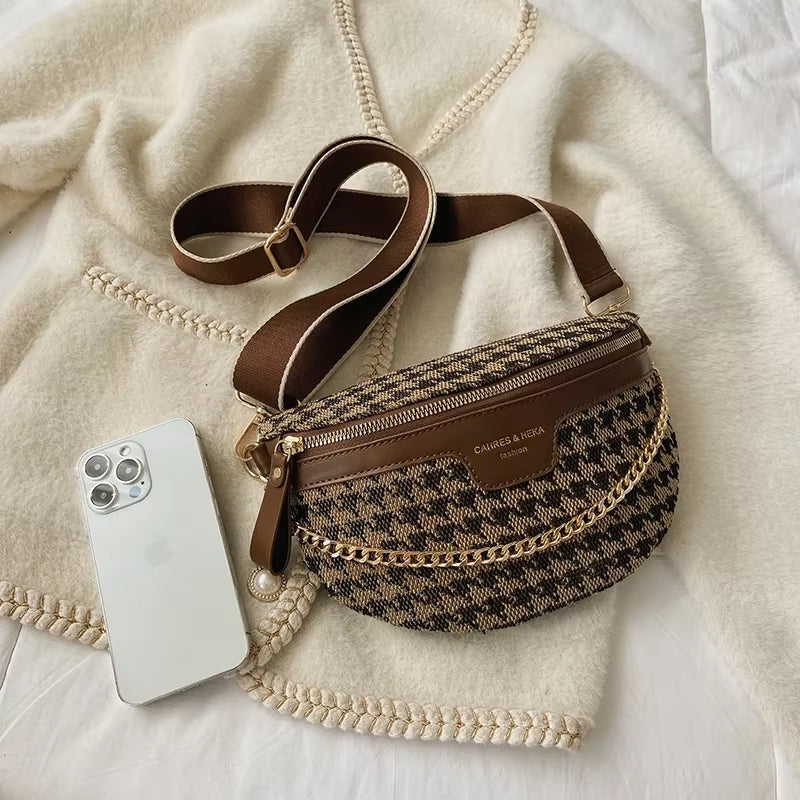 Wren – Houndstooth Crossbody Belt Bag, Wide Strap