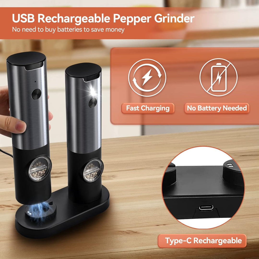 FlavorGlide Rechargeable Electric Salt & Pepper Grinder Set with LED
