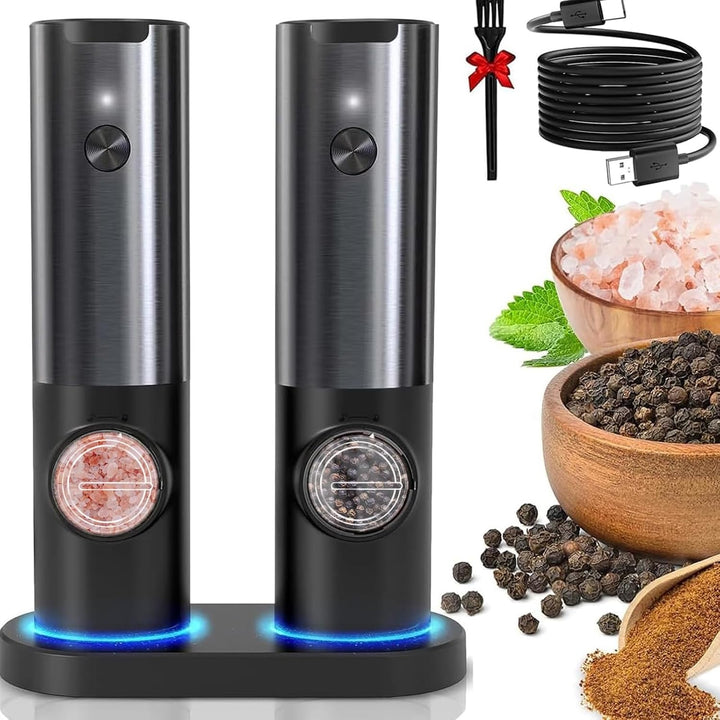 FlavorGlide Rechargeable Electric Salt & Pepper Grinder Set with LED