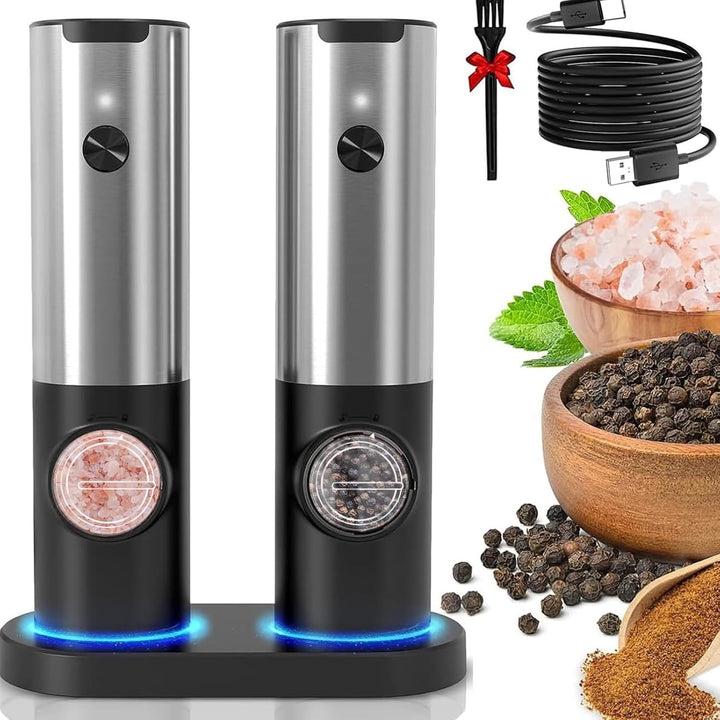 FlavorGlide Rechargeable Electric Salt & Pepper Grinder Set with LED