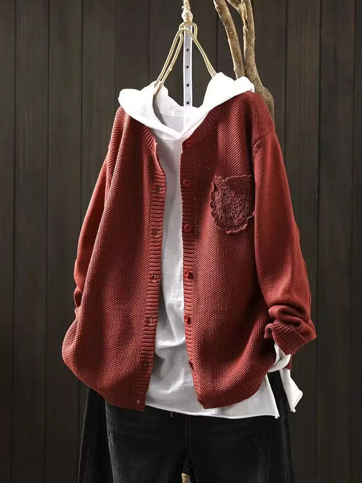Remilda | Women's Oversized Knit Cardigan Sweater — Embroidered Chest Pocket in 8 Colors | Westmere