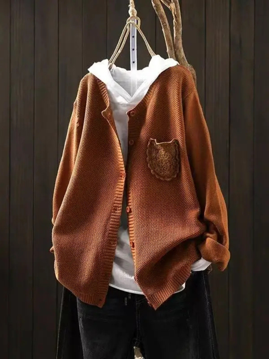 Remilda | Women's Oversized Knit Cardigan Sweater — Embroidered Chest Pocket in 8 Colors | Westmere
