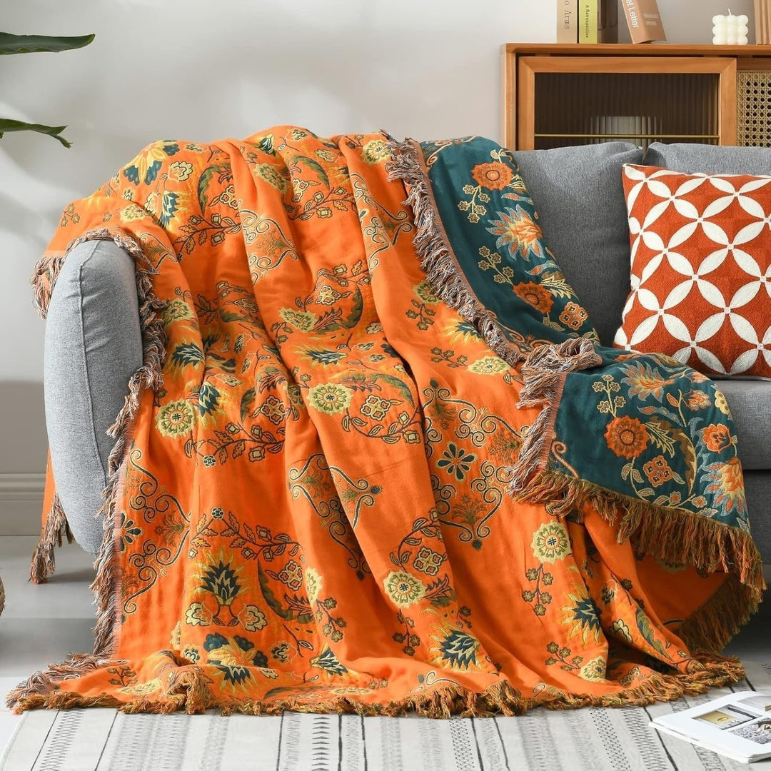 Reversible Cotton Throw Blanket Marigold Floral Design