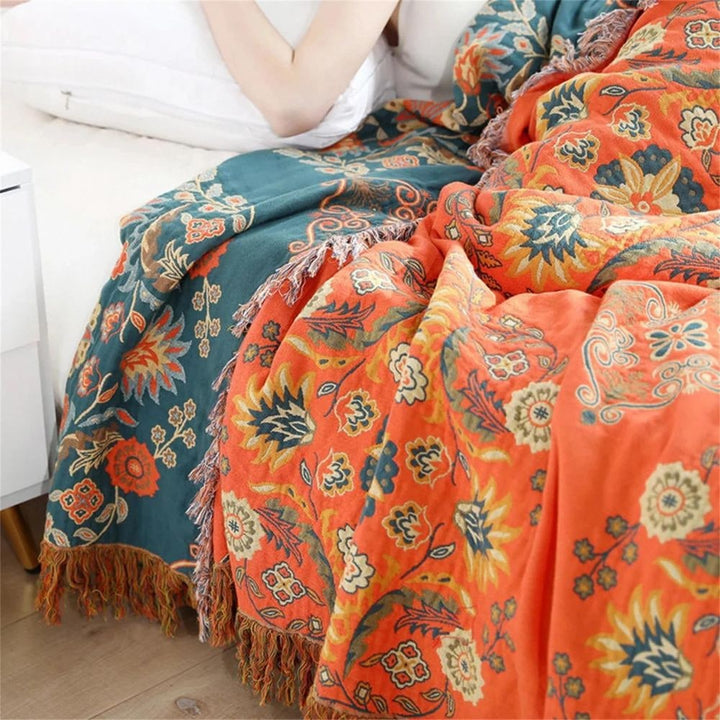 Reversible Cotton Throw Blanket Marigold Floral Design