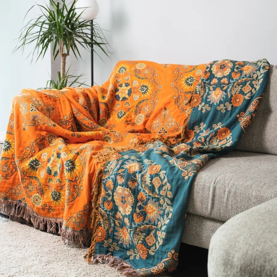 Reversible Cotton Throw Blanket Marigold Floral Design